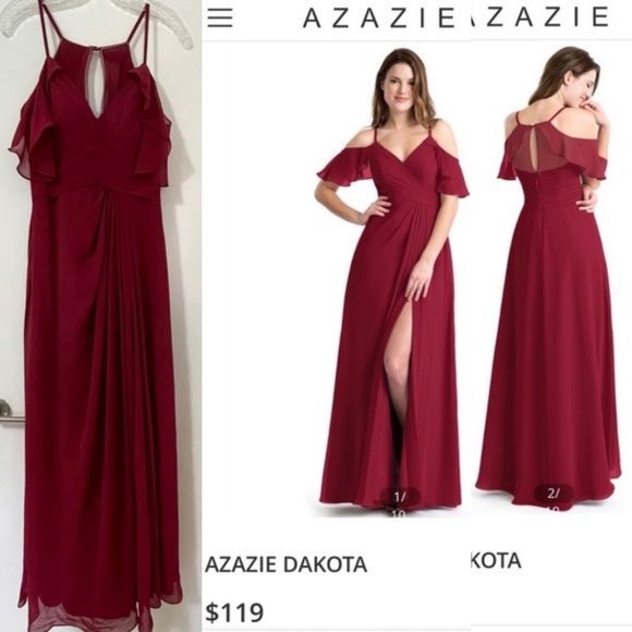 Azazie Dakota Red Chiffon Cold Shoulder Slit Bridesmaid Long Dress Gown … - Picture 1 of 15